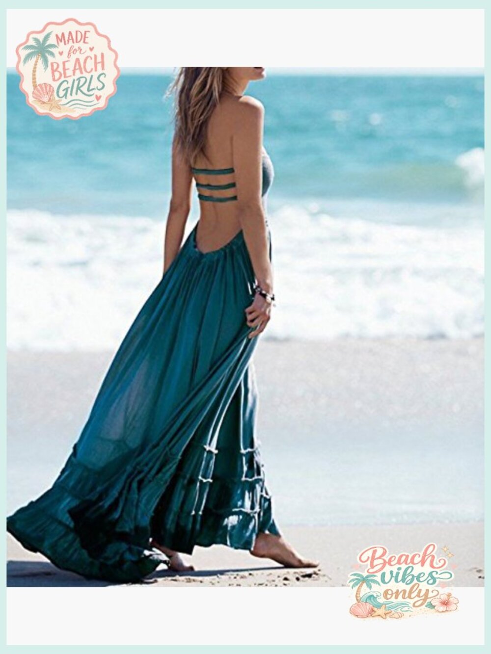Boho Backless Maxi Dress with Smocked Bodice - Sleeveless Halter - Picture 4 of 7
